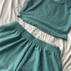 Teal Ribbed Crop Top and Shorts Set